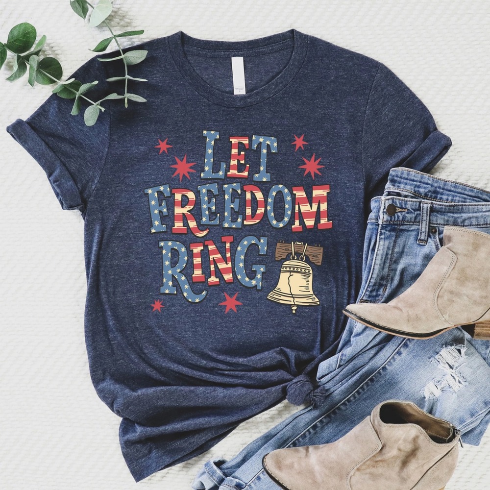 Love in Faith Let Freedom Ring Graphic Tee Navy Blue Patriotic Stars Stripes
